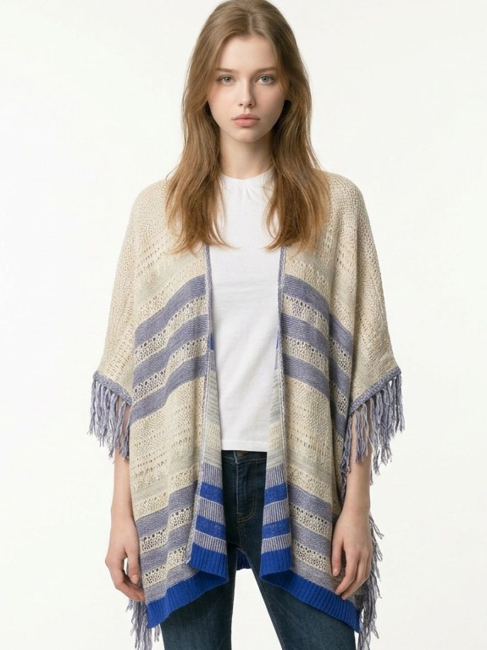 FRANCESCA’S | MIAMI Tan and Blue Sweater Kimono NEW Women’s Size Large